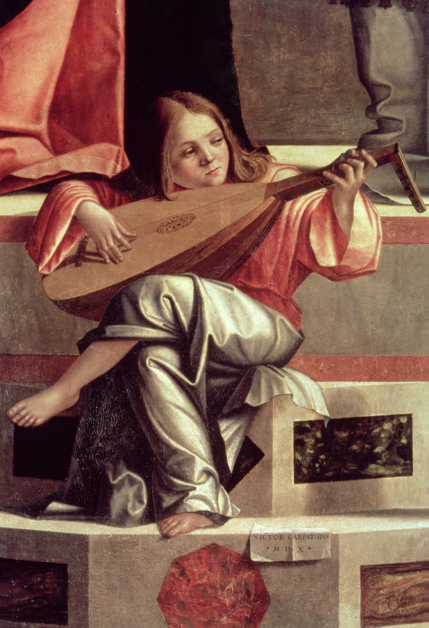 Luuttua soittava enkeli, yksityiskohta teoksesta Jeesuksen esittely temppelissä. tekijältä Vittore Carpaccio