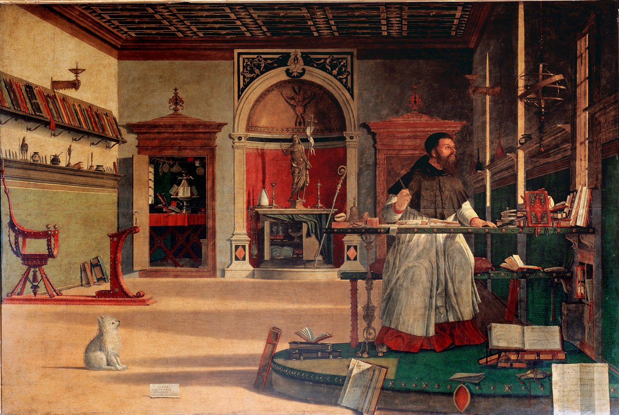 Pyhä Augustinus toimistossaan tai ”Pyhän Augustinuksen visio” Hippon eveque on edustettuna suuren inspiraation hetkenä. Vittore Carpaccion maalaus (n. 1460-1526) 1502-1507 su. 141x210 cm Venetsia, Scuola di San Giorgio degli Schiavoni tekijältä Vittore Carpaccio