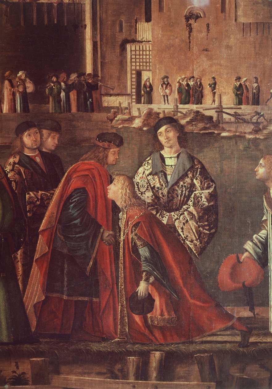 Tarinoita Pyhästä Ursulasta, Etheriuksen ja Ursulan tapaamisesta ja pyhiinvaeltajien lähdöstä, Ereon lomasta isästään, kirjoittanut Vittore Carpaccio (n. 1465-n. 1526), tempera kankaalle, 280x611 cm tekijältä Vittore Carpaccio