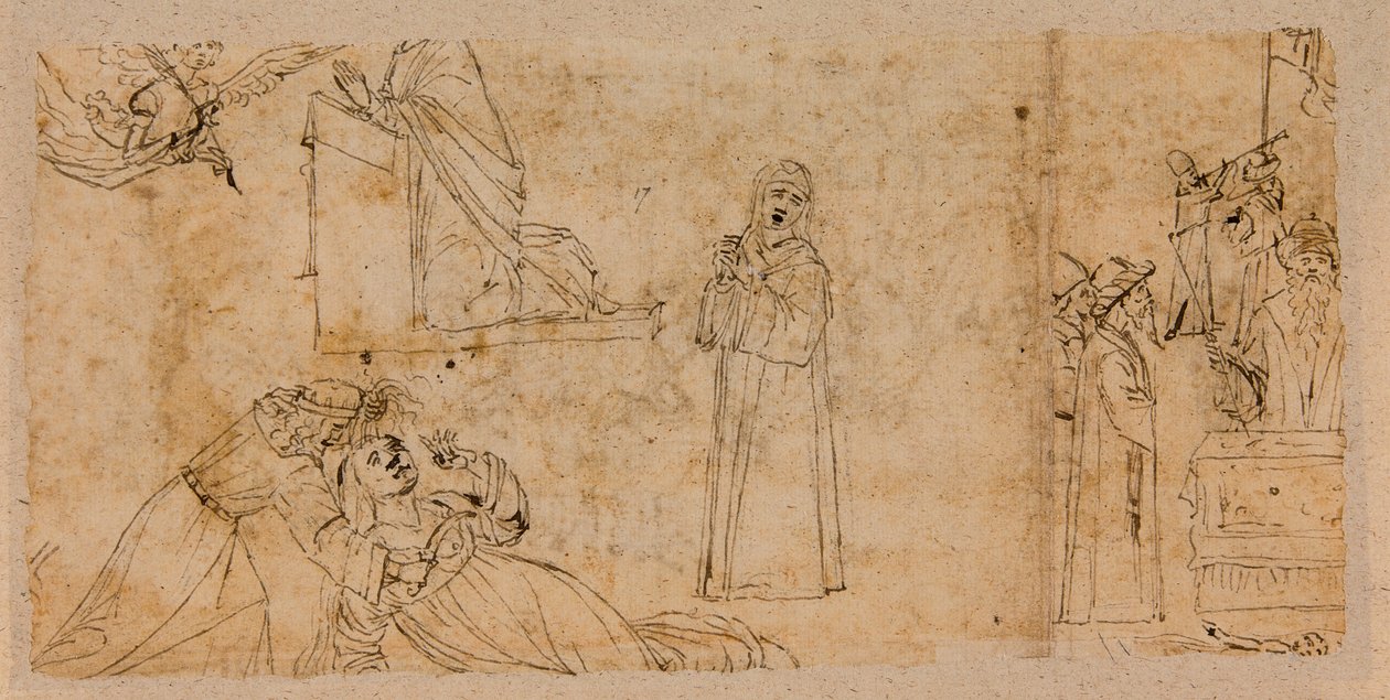 Tutkimukset julistusta varten; Pyhän Agathan marttyyrikuoleman puolesta; surevalle Madonnalle (kynä ja muste liidun päällä paperille) (versio 5933930) tekijältä Vittore Carpaccio