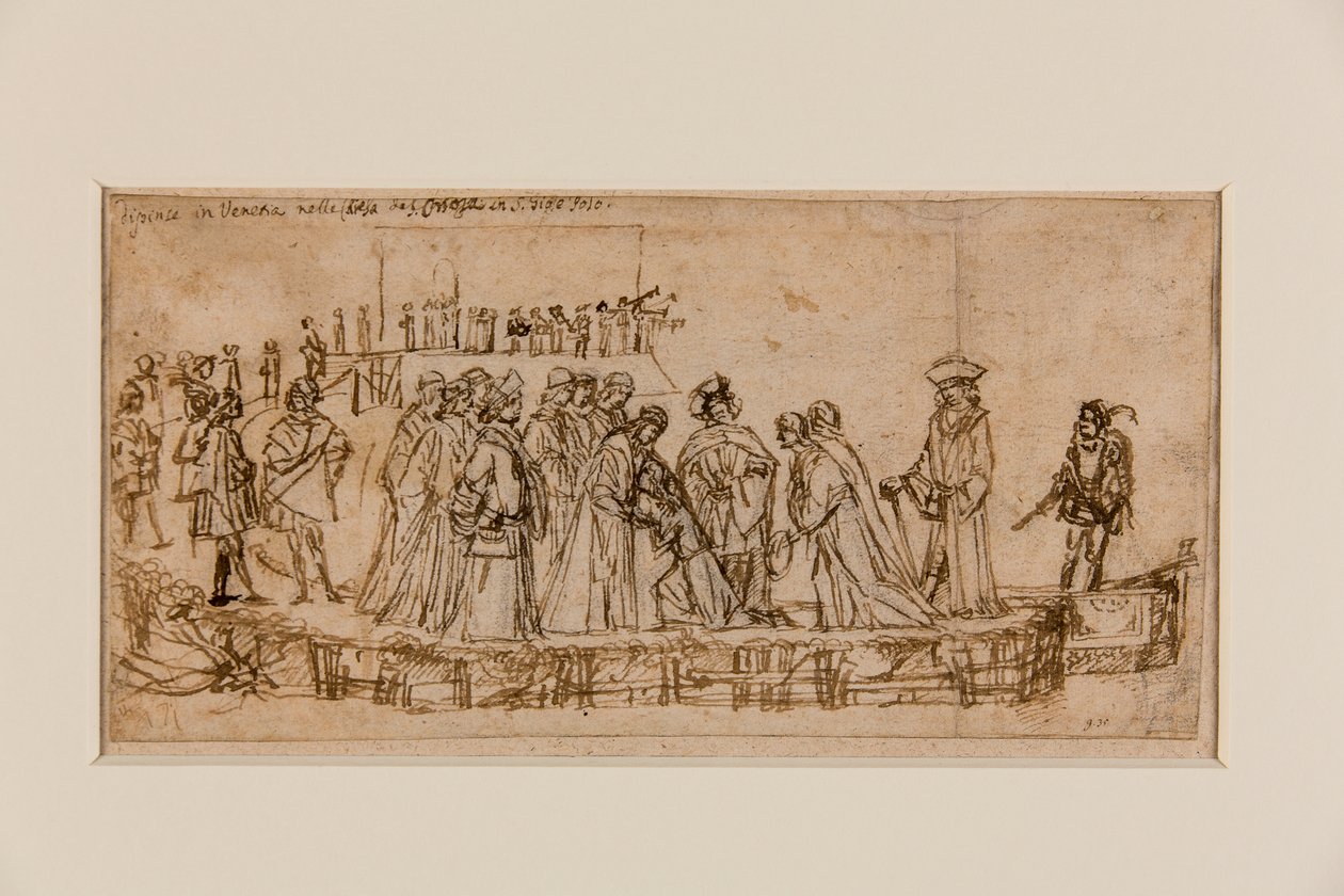 Englannin prinssi Conan jättää isänsä lomaan (kynä ja muste liidun päällä paperille) (recto of 5933931) tekijältä Vittore Carpaccio