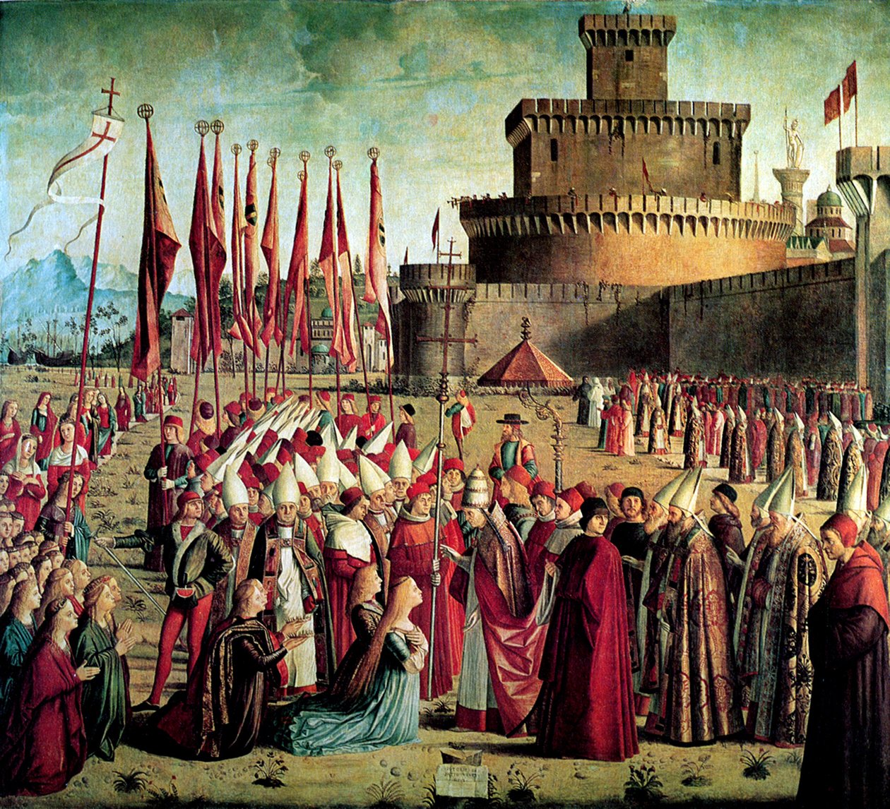 Paavi Cyriacus kohtaa pyhiinvaeltajat Rooman muurien edessä Legenda Pyhästä Ursulasta, 1497 tekijältä Vittore Carpaccio