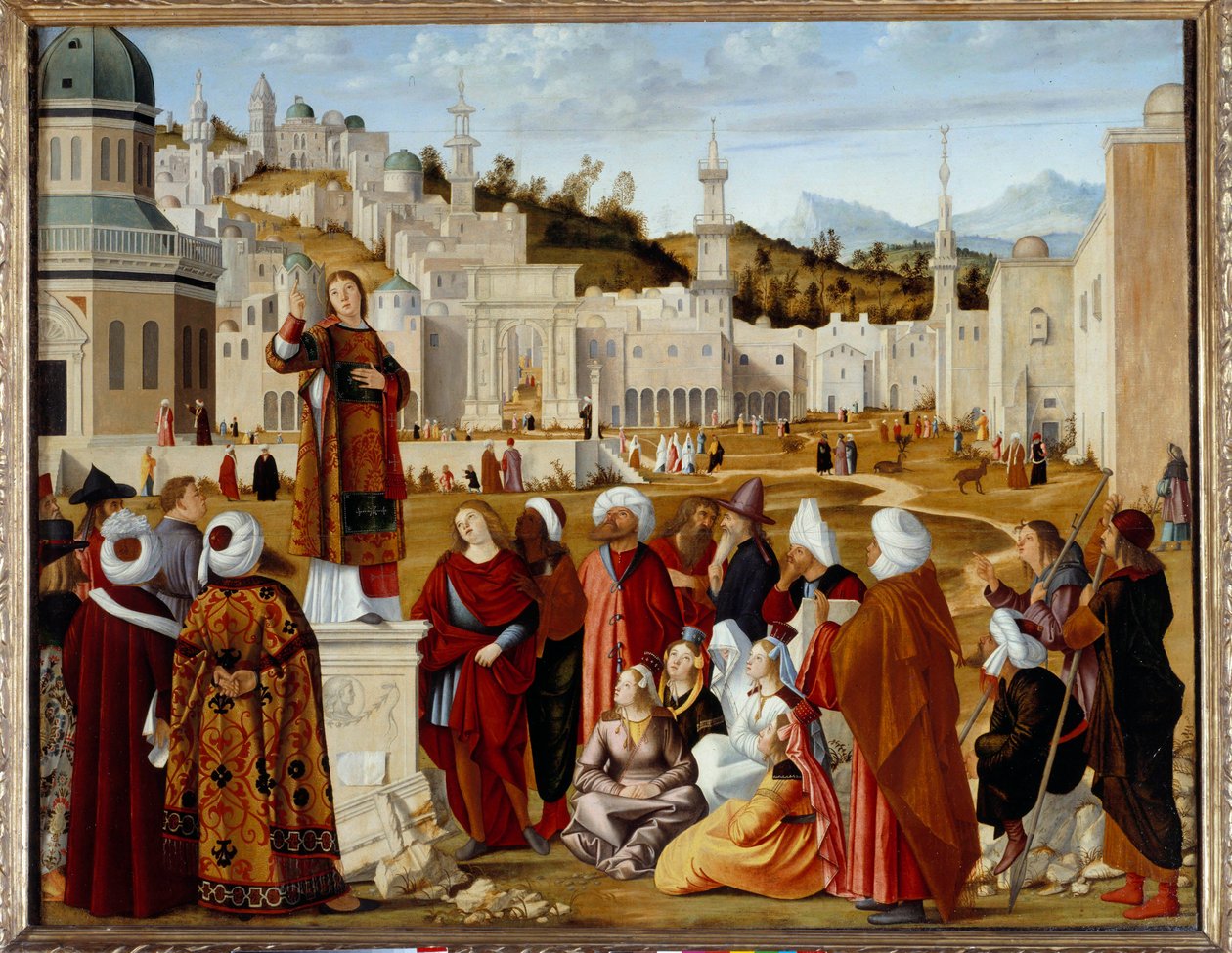 Pyhän Tapanin ennustus Jerusalemissa Maalaus osa sarjasta, joka teloitettiin Scuola si Santo Stefanon kappelille Venetsiassa. Vittore Carpaccion maalaus (1450/54-1525/26) Su. 1,4x1,9 m - Pyhän Tapanin saarna (St. Etienne) Jerusalemissa. Se tekijältä Vittore Carpaccio