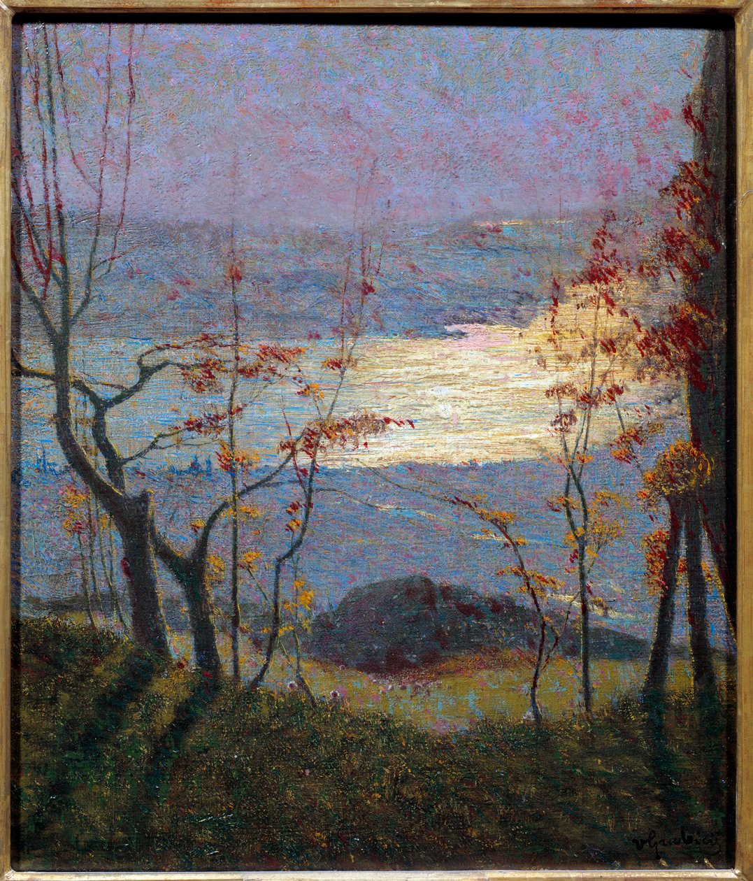 Aamu. Syksyinen maisema puilla. Vittore Grubicy Di Dragonin (1851-1920) maalaus Ec. Ital., 1900-luku. Öljy kankaalle. Mitat: 0,47 x 0,41 m. Pariisi, Musee d