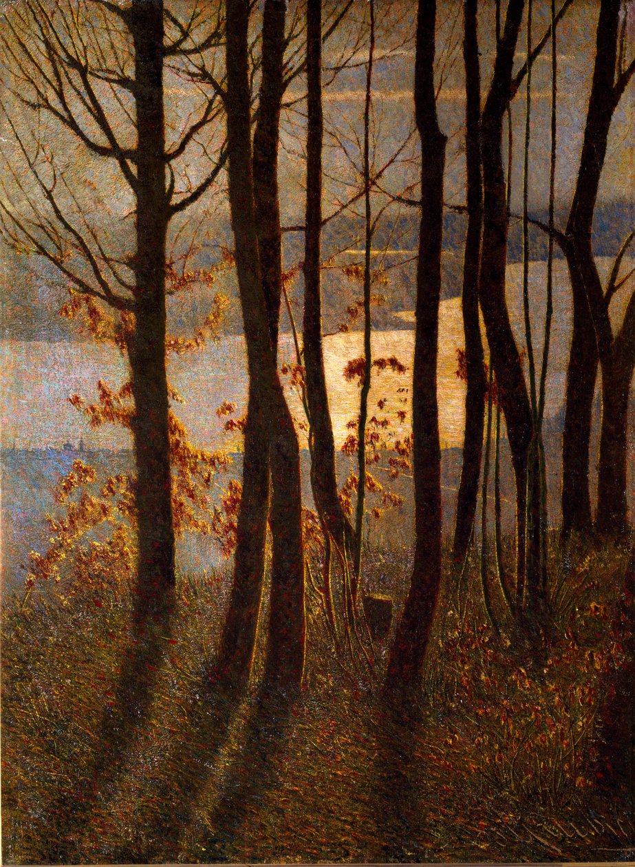 Aamu tai "" Panteistinen runo"" Aluskasvillisuuden maisema lähellä vesistöä aamunkoitteessa. Vittore Grubicy of Dragon (1851-1920) maalaus Milano, Galleria d