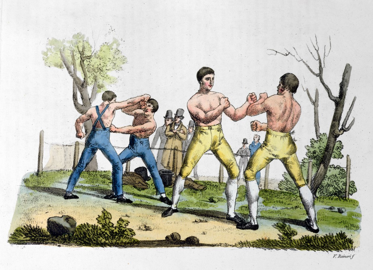 Nyrkkeily Englannissa, kuvitus Giulio Ferrarion teoksesta "Costume Antico e Moderno", julkaistu Milanossa 1819 tekijältä Vittorio Raineri