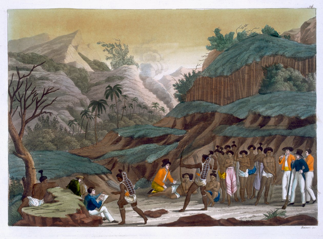 Ranskalaisten tutkimusmatkailijoiden ja alkuperäiskansojen ensimmäinen tapaaminen, Ombayn saari, kuva 14 Jules Ferrarion teoksesta "Le Costume Ancien et Moderne", julkaistu noin 1820-30-luvuilla. tekijältä Vittorio Raineri