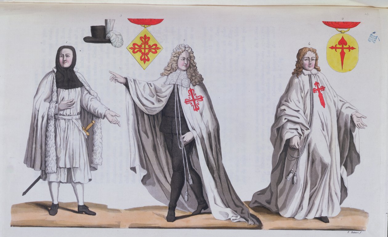 Calatravan ritarit sota-asuissa, juhlapuvussa ja Pyhän Jaakobin ritarikunnan ritarina, kuvitus Guilio Ferrarion teoksesta "Costume Antico e Moderno", n. 1820 tekijältä Vittorio Raineri