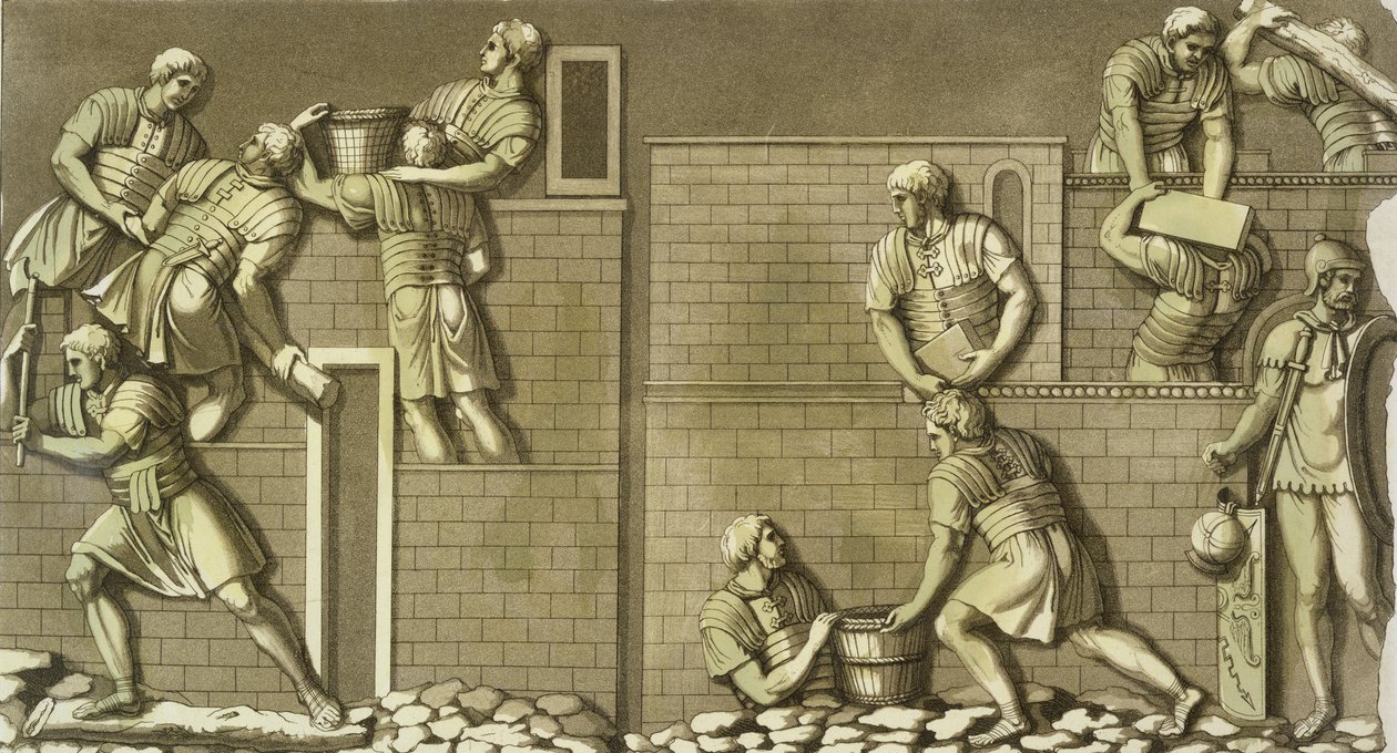 Roomalaiset sotilaat rakentamassa linnoitusta, levy 21 Jules Ferrarion "Le Costume Ancien et Moderne" -julkaisusta, julkaistu 1820-30-luvulla tekijältä Vittorio Raineri