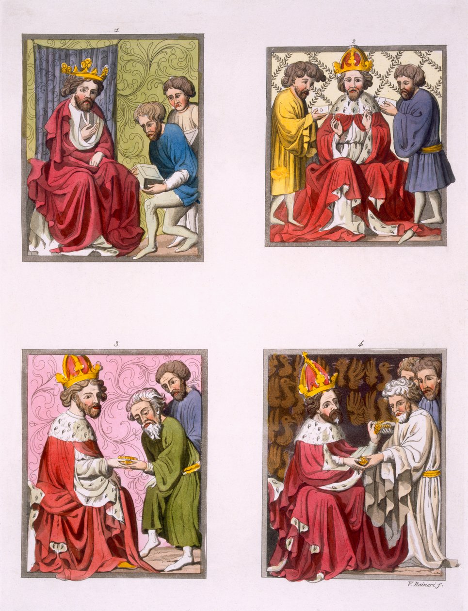 Erilaisia rituaaleja, jotka liittyvät rahajärjestelmään Maximilian I:n aikakaudella, "Costume dei Romani", n. 1800-1818 (värikaiverrus) tekijältä Vittorio Raineri
