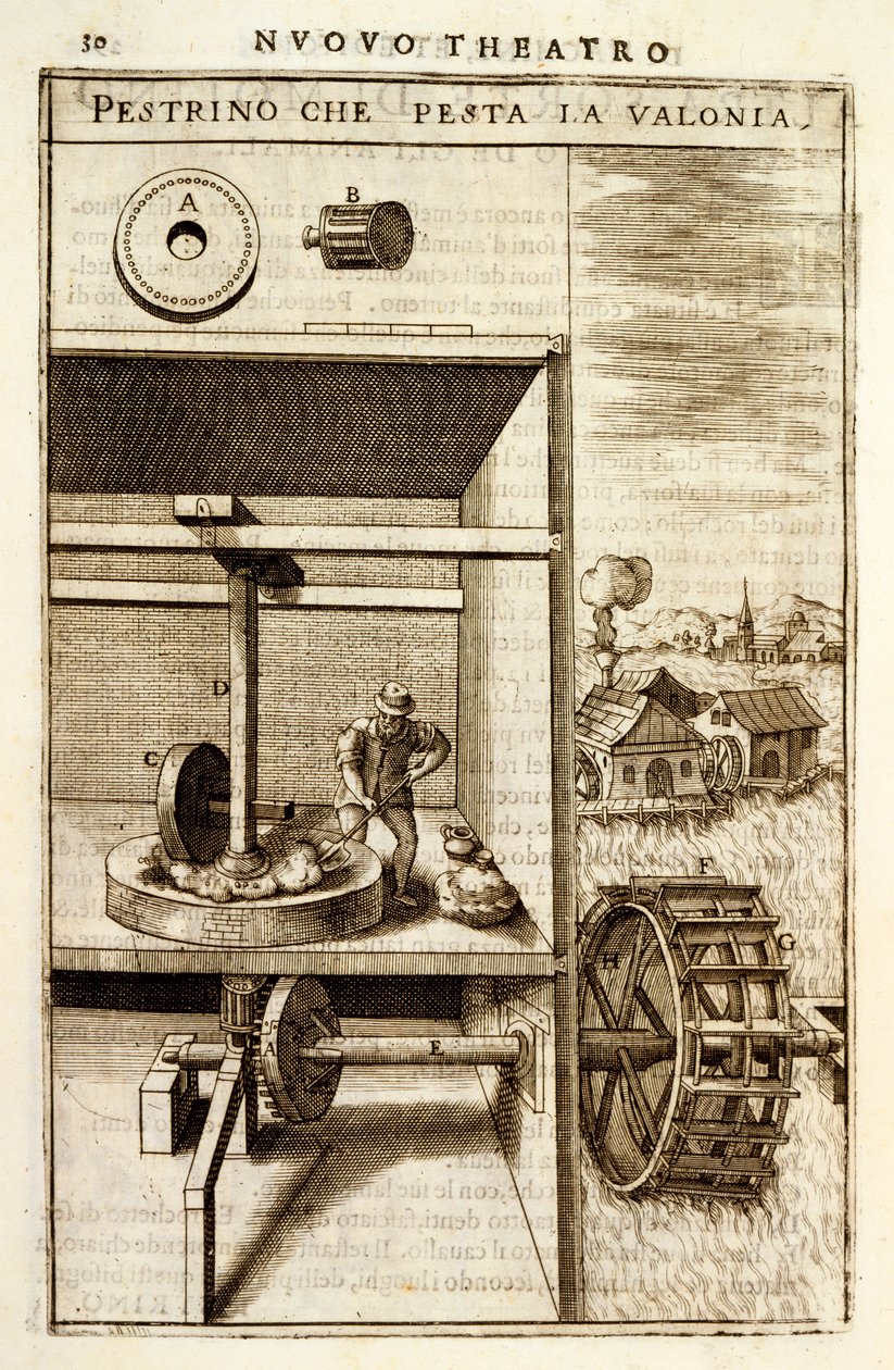 Vesikäyttöinen murskaus- tai jyrsinkone, 1607 tekijältä Vittorio Zonca