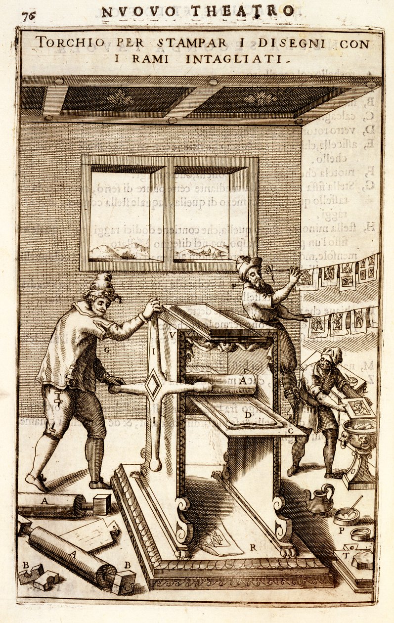 Kaivertajan painokone piirustusten painamiseen, 1607 tekijältä Vittorio Zonca