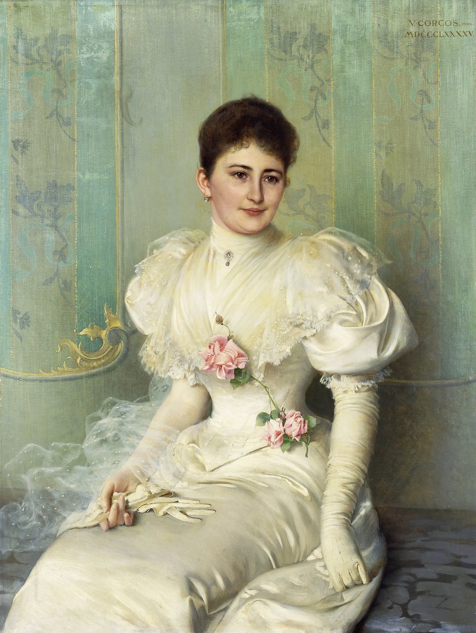 Naisen muotokuva, istuu kolme neljäsosaa pituudesta ja yllään valkoinen mekko tekijältä Vittorio Matteo Corcos