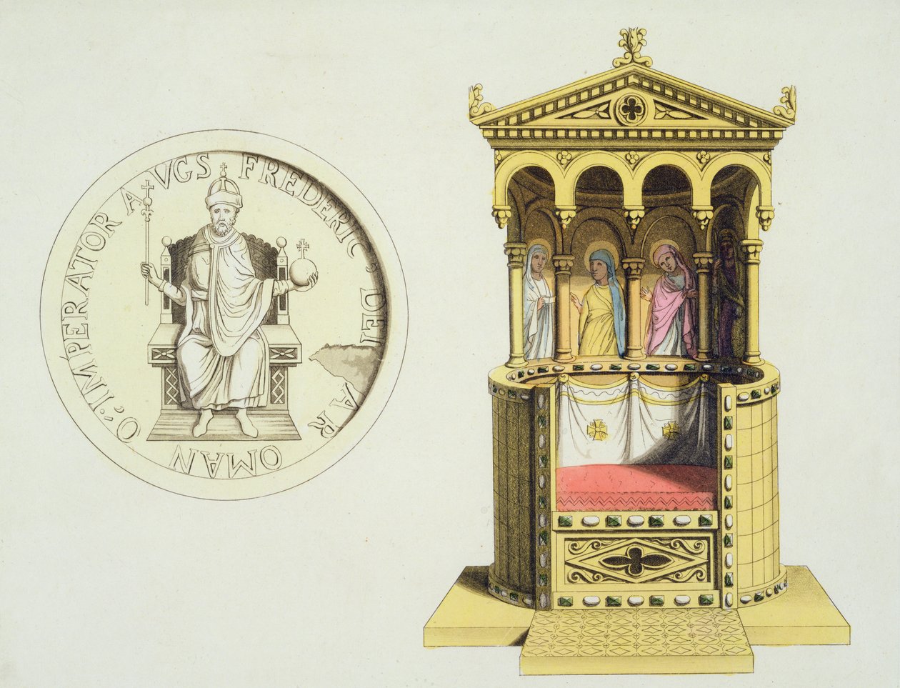 Frederick Barbarossan (n. 1123–1190) kolikko ja valtaistuin Jules Ferrarion teoksesta Le Costume Ancien et Moderne, julkaistu noin 1820-30-luvulla (värilitho) tekijältä Vittorio Raineri