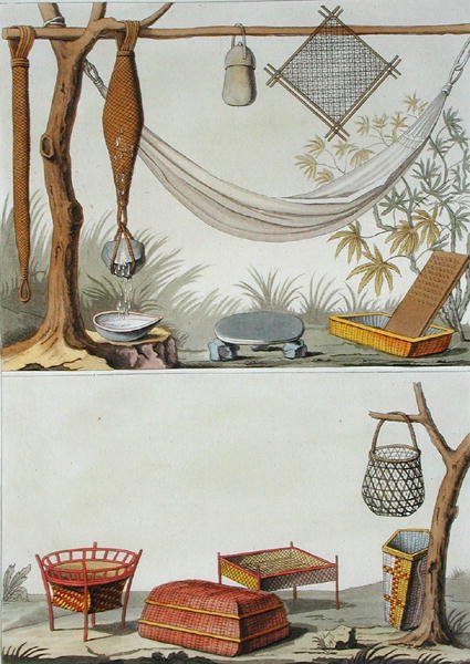 Kotitaloustyökalut ja huonekalut, Carib Tribe, Hollannin Antillit, levy 69 Jules Ferrarion teoksesta "Le Costume Ancien et Moderne", julkaistu noin 1820-30-luvulla (värilitho) tekijältä Vittorio Raineri