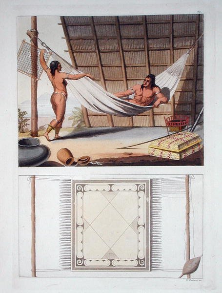 Kotimainen sisustus, karibiheimo, Hollannin Antillit, levy 67 Jules Ferrarion teoksesta "Le Costume Ancien et Moderne", julkaistu 1820-30-luvulla (värilitho) tekijältä Vittorio Raineri