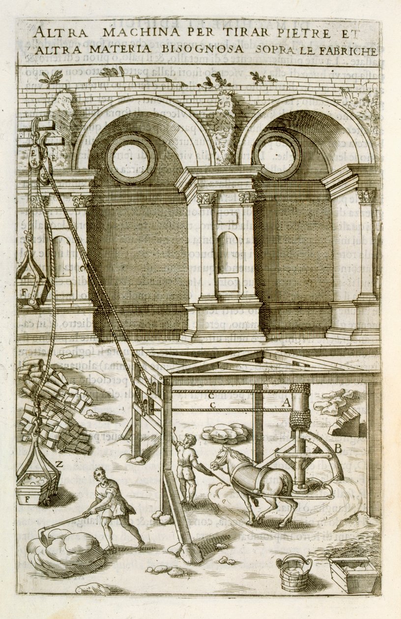 Hevosvoimainen kone rakennusmateriaalien nostamiseen, "New Theatre of Machines and Buildings", pub. 1607 tekijältä Vittorio Zonca