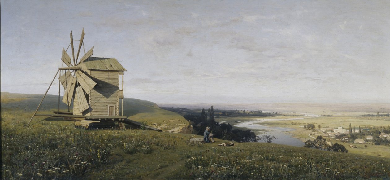 Ukrainalainen maisema tuulimyllyllä, 1882 tekijältä Vladimir Donatovich Orlovsky