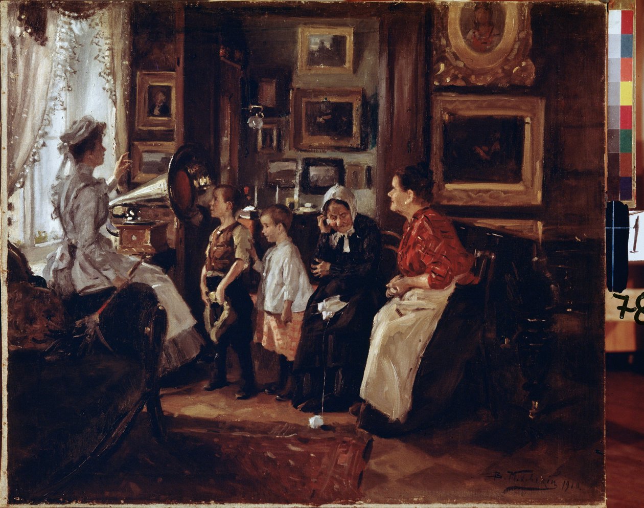 Au gramofoni. (Gramofonissa). Peinture de Vladimir Jegorovich Makovski (Makovsky, Makovskij) (1846-1920), huile sur toile tekijältä Vladimir Egorovic Makovsky