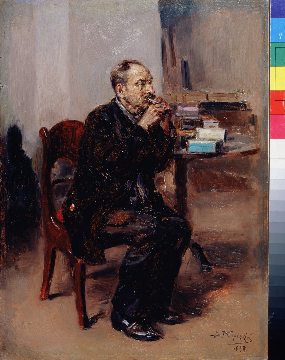 Degustation de tabac. (Tupakan maistelu). Peinture de Vladimir Jegorovich Makovski (Makovsky, Makovskij) (1846-1920), huile sur toile tekijältä Vladimir Egorovic Makovsky