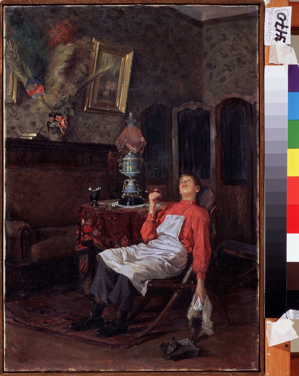 Omistajan poissa ollessa. Nuori palvelija esiliina ja siivousvälineineen makaa tuolille ja polttaa sikaria. Vladimir Jegorovich Makovsky (Makovsky, Makovskij) (1846-1920) maalaus, öljy kankaalle, c tekijältä Vladimir Egorovic Makovsky