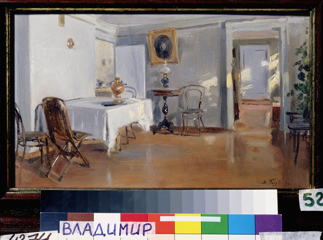 Sisustus. Venäläinen sisustus ja huonekalut, 1800-luvun loppu. Vladimir Jegorovich Makovsky (Makovsky, Makovskij) (1846-1920) maalaus, öljy kankaalle, noin 1890. 1800-luvun venäläistä taidetta. Valtion taidemuseo, Jaroslavl (Venäjä). tekijältä Vladimir Egorovic Makovsky