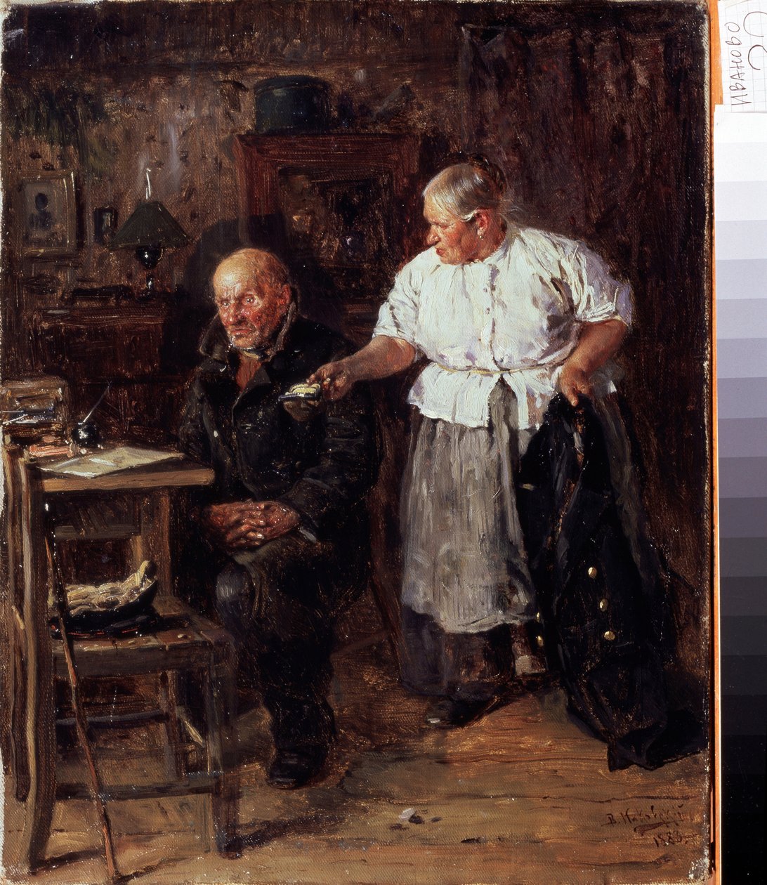 Nuhtelua (The Scolding). Vanhempi pariskunta sisätiloissaan, vaimo moittii miestään ja näyttää hänelle lompakkoaan. Maalaus Vladimir Jegorovich Makovsky (Makovsky, Makovskij) (1846-1920), öljy kankaalle tekijältä Vladimir Egorovic Makovsky