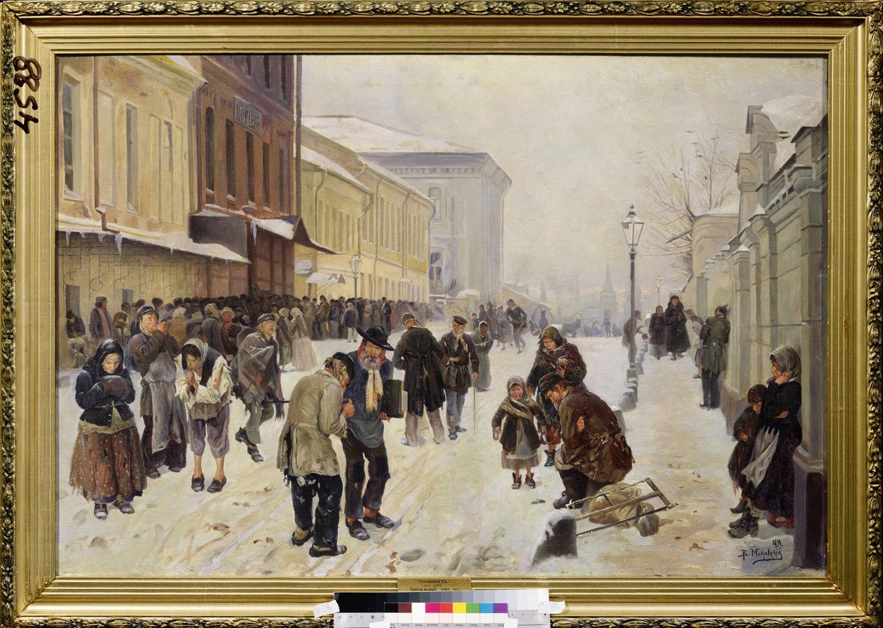The Night Asylum (Dosshouse). Katukuvaa, väkijoukko apua tarvitsevia, kodittomia ihmisiä on kokoontunut vastaanottorakennuksen eteen, kärsivät kylmästä ja köyhyydestä. Vladimir Jegorovich Makovsky (Makovsky, Makovskij) (1846-1920) maalaus, öljy kankaalle tekijältä Vladimir Egorovic Makovsky