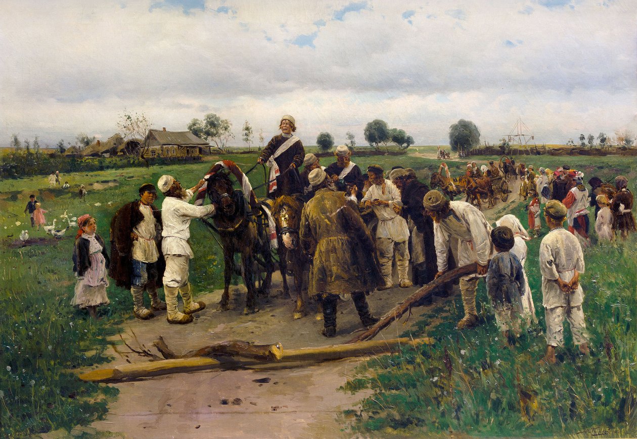 Lunnaiden maksaminen morsiamen puolesta. Vladimir Makovskin maalaus - Lunnaiden maksaminen morsiamen puolesta - Vladimir Jegorovich Makovsky (1846-1920). öljy kankaalle tekijältä Vladimir Egorovic Makovsky