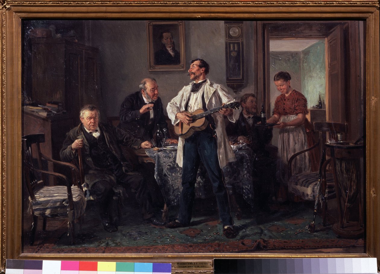 Kaverit. Olohuoneen pöydän ympärille kokoontuneet he kuuntelevat kitaristia, joka laulaa, kun nainen tuo heille uuden viinipullon. Vladimir Jegorovich Makovsky (Makovsky, Makovskij) (1846-1920) maalaus, öljy t tekijältä Vladimir Egorovic Makovsky