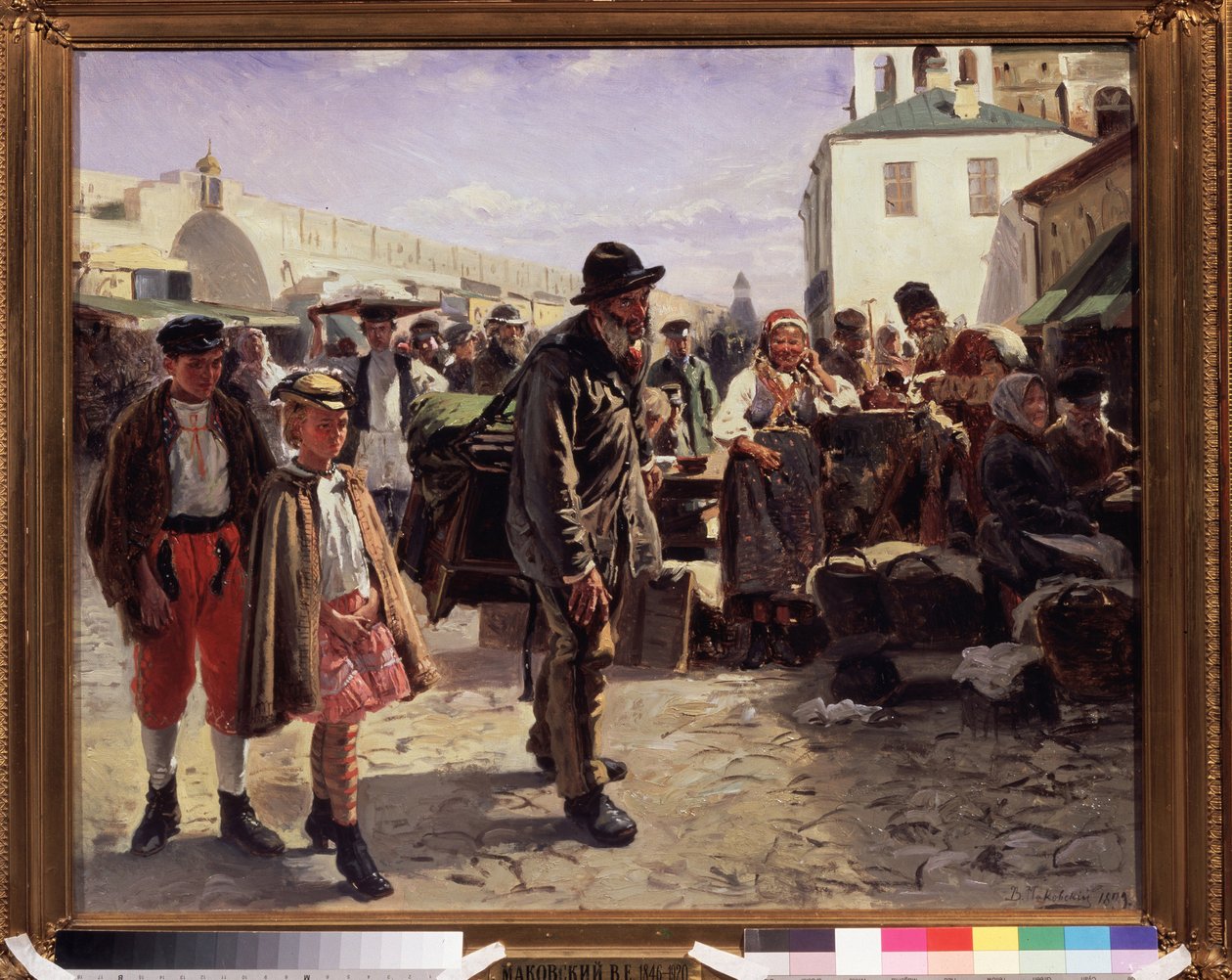 Tynnyriurut (The Organ Grinder). Kiertelevä muusikko pitää instrumenttiaan selässään, hänen seurassaan kaksi erittäin tyylikästä lasta, he saapuvat kaupungin torille, jossa kauppiaat tuijottavat heitä. Vladimir Jegorovin maalaus tekijältä Vladimir Egorovic Makovsky