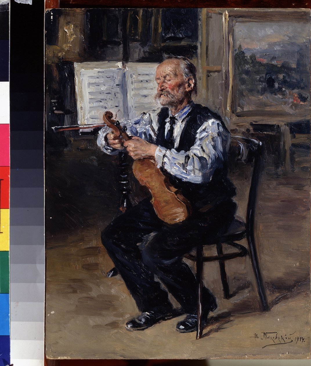 Luthier (Luthier). Käsityöläinen virittää viulun. Maalaus Vladimir Jegorovich Makovsky (Makovsky, Makovskij) (1846-1920), öljy kankaalle tekijältä Vladimir Egorovic Makovsky