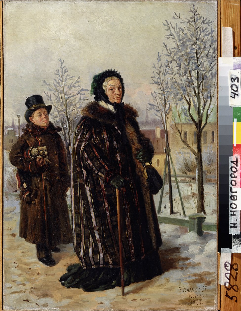 Vanhan naisen kävelymatka. (An Old Lady Walk). Lumisen puiston polkua kävellessä häntä seuraa pieni koiraansa kantava nuori mies. Vladimir Jegorovich Makovsky (Makovsky, Makovskij) (1846-1920) maalaus, öljy kankaalle tekijältä Vladimir Egorovic Makovsky