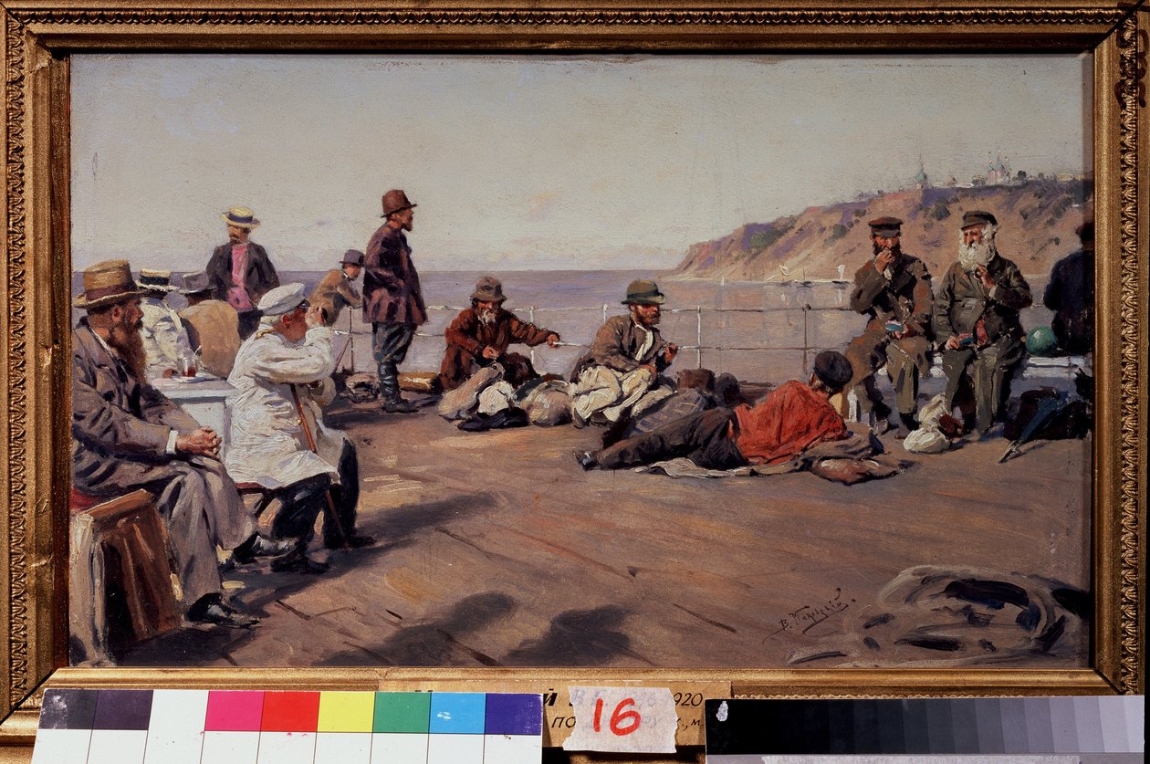 Kannella (Kannella). Kaiken luokan matkustajat rannikkoa pitkin kulkevalla veneellä. Maalaus Vladimir Jegorovich Makovsky (Makovsky, Makovskij) (1846-1920), öljy kankaalle tekijältä Vladimir Egorovic Makovsky