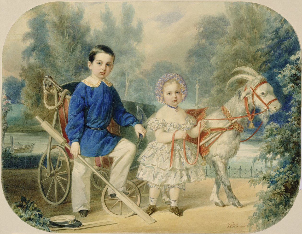 Suurherttua Aleksanteri ja suurruhtinas Aleksei lapsina, 1853 (wc pahvilla) tekijältä Vladimir Ivanovich Hau