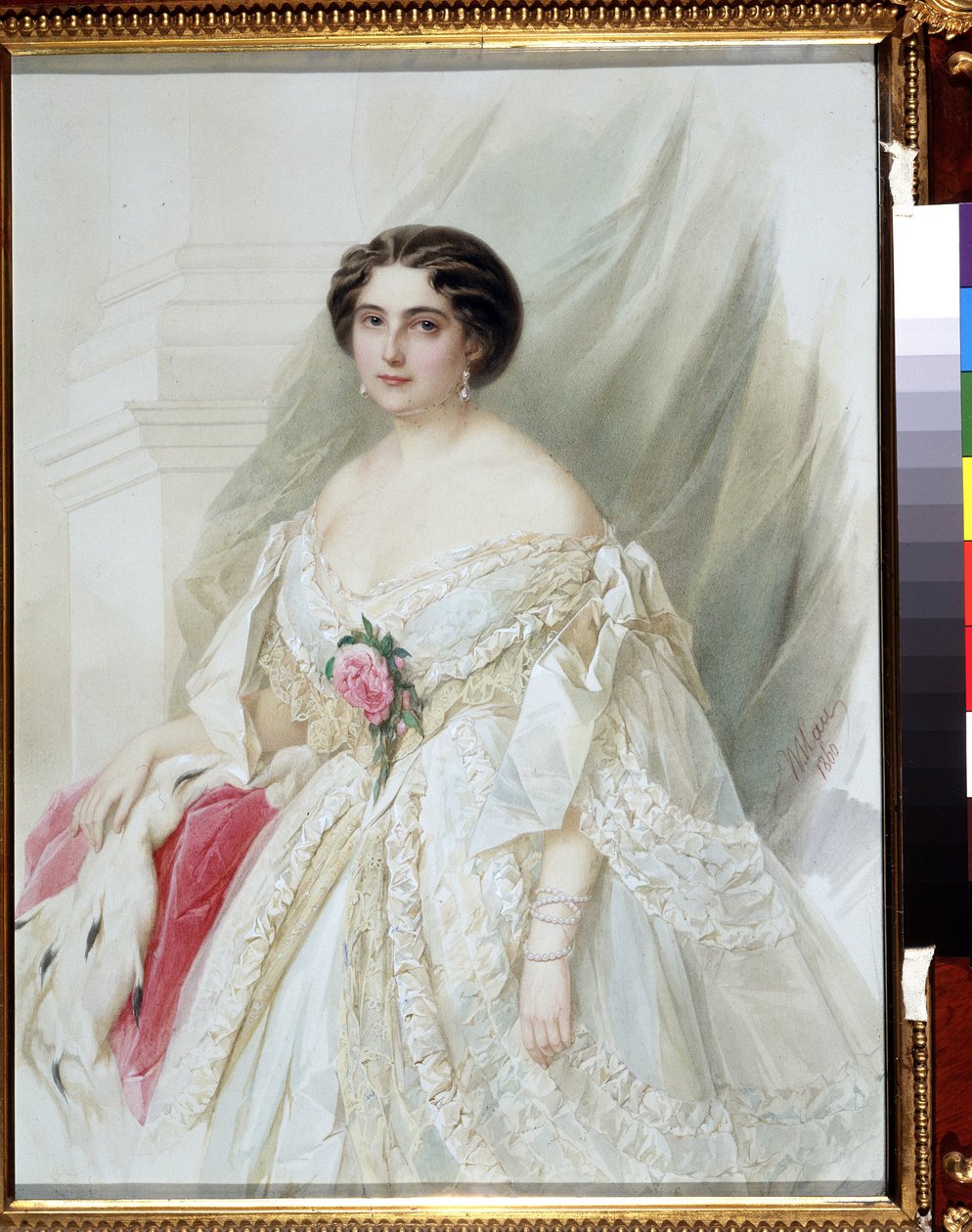 ""Naisen muotokuva, jolla on turkisviitta"" Hän on pukeutunut valkoiseen mekkoon, jossa on nauhoja, korvakoruja ja rannekoruja. Akvarelli Vladimir Hau (Gau) (1816-1895) 1860 Yksityinen kokoelma tekijältä Vladimir Ivanovich Hau