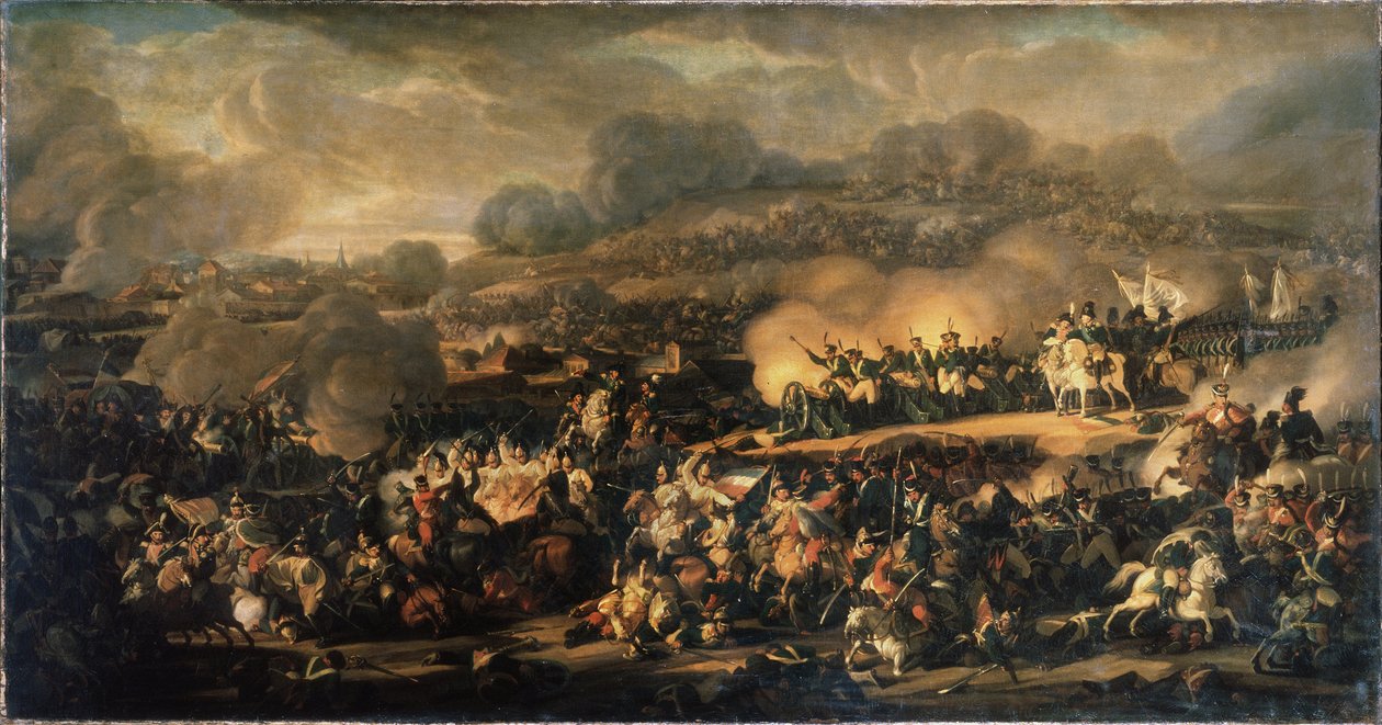 La Bataille des Nations a Leipzig (Saksa) lokakuussa 1813. (Leipzigin kansakuntien taistelu lokakuussa 1813). Sitä kutsutaan myös Leipzigin taisteluksi, ja se oli suurin Napoleonin Grande Armeen (1769-1821) kärsimä tappio. Vladimir I:n maalaus tekijältä Vladimir Ivanovich Moshkov