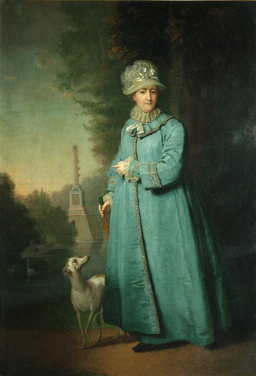 Katariina II kävelemässä Tsarskoje Selon puistossa Chesme-pylvään taustalla, 1794 tekijältä Vladimir Lukich Borovikovsky