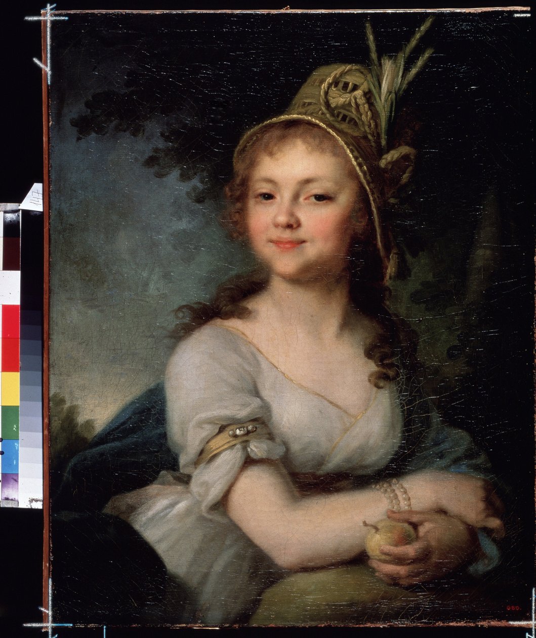 Jekaterina Arsenjevan muotokuva. Hänellä on hattu ja rannerenkaat, ja hänellä on hedelmä. (Jekaterina Arsenjevan muotokuva). Vladimir Lukich Borovikovsky (tai Borovikovsky) (1757-1825) maalaus. Öljy kankaalle, noin 1790, 71,5 x 56,5 cm, venäläinen taide, k tekijältä Vladimir Lukich Borovikovsky