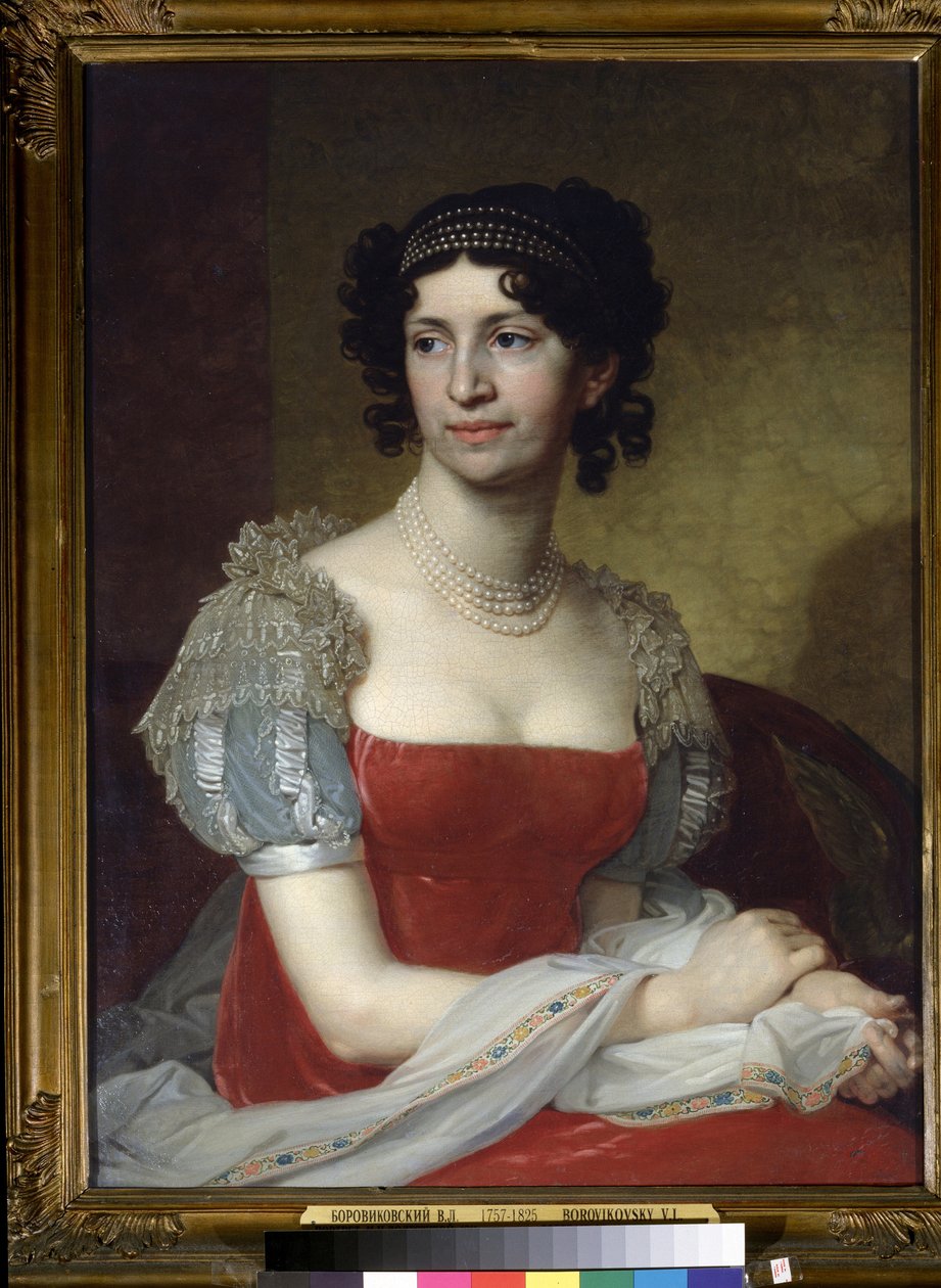 ""Prinsessa Margarita Dolgorukayan (1785-1814) muotokuva"" Hänellä on helmikaulakoru ja tiara. Vladimir Lukich Borovikovsky (tai Borovikovsky) (1757-1825) maalaus 1785 Valtion Tretjakovin galleria, Moskova tekijältä Vladimir Lukich Borovikovsky
