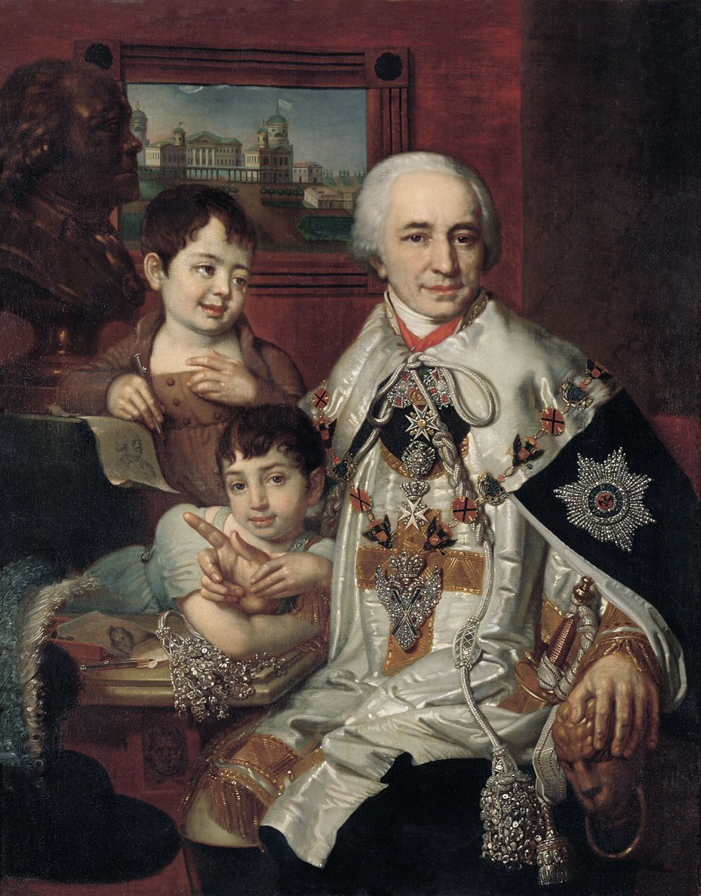 Muotokuva amiraalikreivi Grigori Grigorjevitš Kušelevistä 1754-1833 lasten kanssa, 1801 tekijältä Vladimir Lukich Borovikovsky