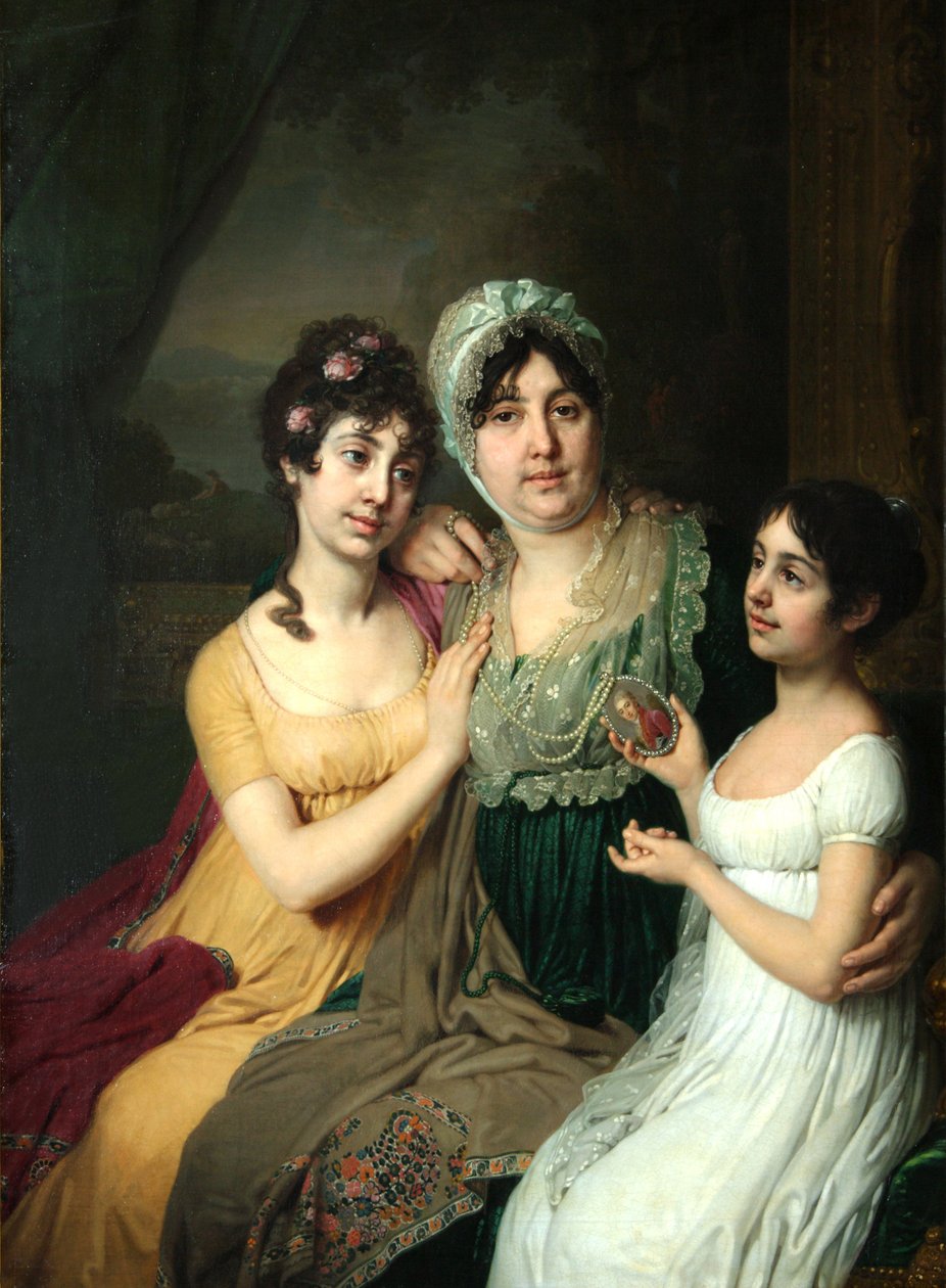 Muotokuva kreivitär Anna Bezborodkosta tyttäriensä Ljubovin ja Kleopatran kanssa, 1803 tekijältä Vladimir Lukich Borovikovsky