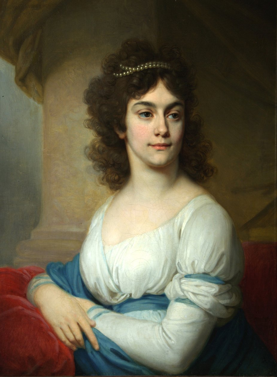 Tuntemattoman naisen muotokuva valkoisessa mekossa sinisellä nauhalla, 1790-luvun loppu tekijältä Vladimir Lukich Borovikovsky