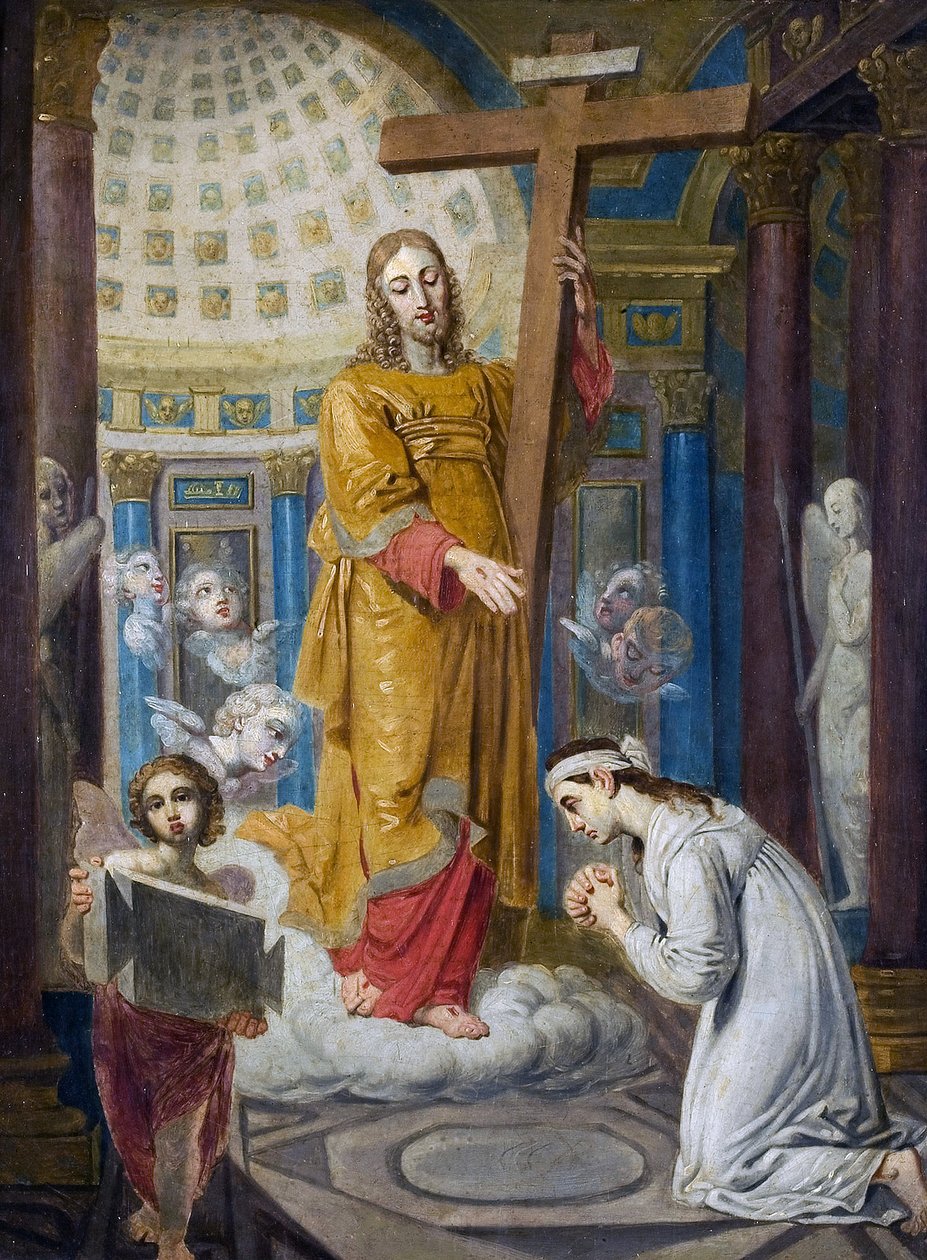 Kristuksen ilmestyminen ristillä Jekaterina Filippovna Tatarinovalle (1783-1856) - par Borovikovsky, Vladimir Lukich (1757-1825). Öljy puulle, koko: 44x34, 1820-luvun alku, Venäjän valtionmuseo, Pietari tekijältä Vladimir Lukich Borovikovsky