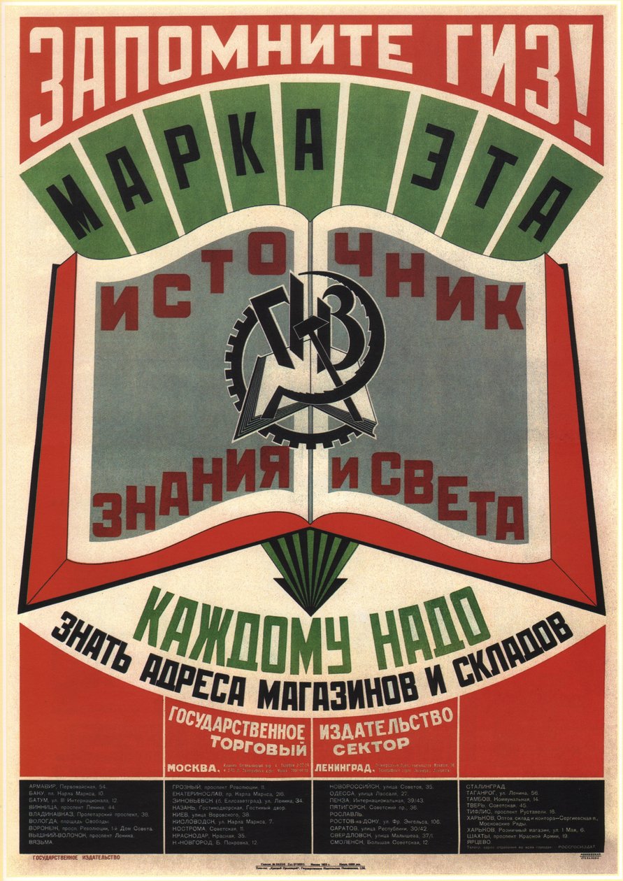 Muista GIZ State Publishers. Tämä tavaramerkki on tiedon ja valon lähde, 1925 tekijältä Vladimir Mayakovsky