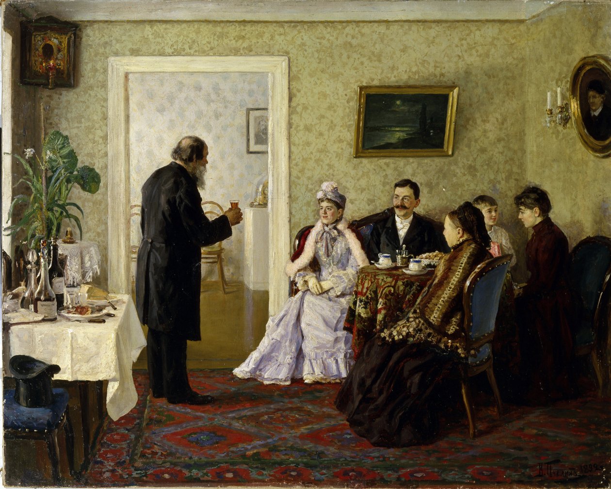 Avioparit vierailemassa anoppien luona. (Avioparit vierailemassa anopin luona). Vladimir Nikolajevitš Pchelinin (1869-1941) maalaus öljy kankaalle tekijältä Vladimir Nikolayevich Pchelin