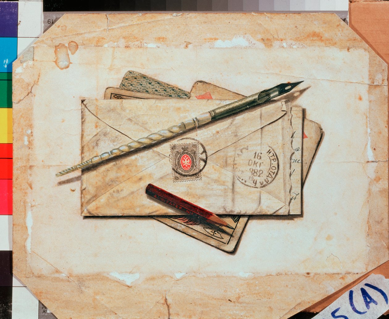 Kirje ja pelikortit. Asetelma. Vladimir Pavlovich Sokolovin (1860-1913) teos, akvarelli paperille. venäläistä taidetta tekijältä Vladimir Pavlovich Sokolov