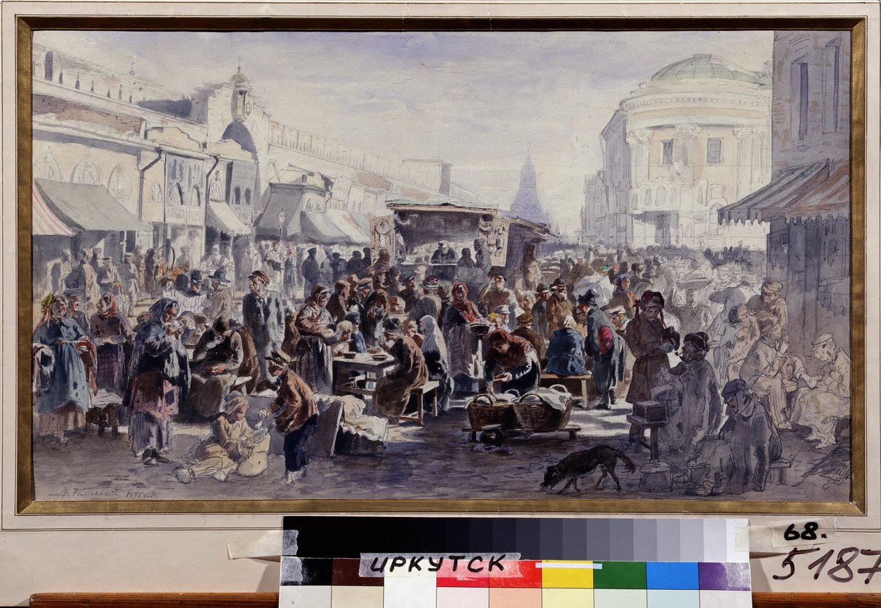 Kirpputori Moskovassa (Venäjä) (The Second Hand Market In Moscow). Katukuva, jossa hahmoja tahraisissa ja paikallisissa vaatteissa, jotkut syövät kasarmin edessä olevissa pöydissä, toiset katselevat tarjolla olevia tavaroita, toiset piiloutuvat tekijältä Vladimir Yegorovich Makovski