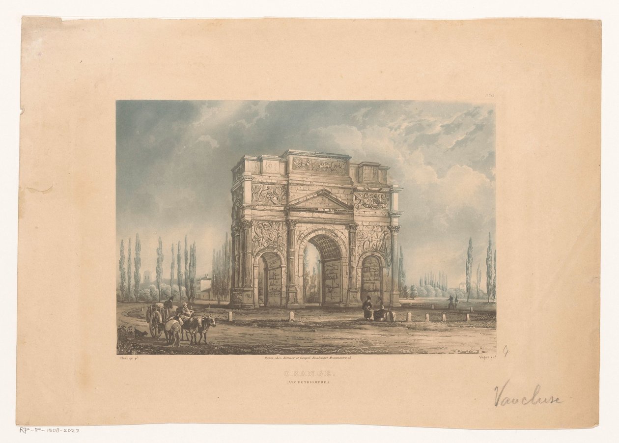Maisema oranssin riemukaarilla matkustajien kanssa oranssi. (Arc de Triomphe) (otsikko esineessä) tekijältä Vogel (prentmaker)