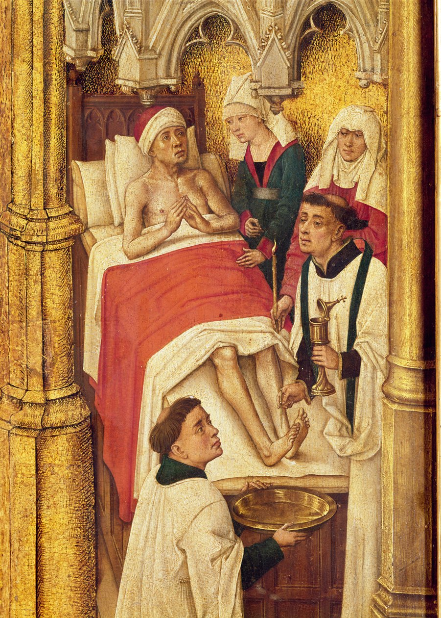 Redemption Triptych: Sacrament of Extreme Unction, pienten kuvien sarjasta, jotka kuvaavat ristiinnaulitsemisen keskeisen kuvan ympärillä olevia sakramentteja, n. 1460 tekijältä Vrancke van der Stockt
